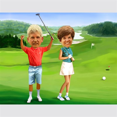 Custom Caricature from Photos for A Middle Aged Golfing Couple,by myDaVinci - myDaVinci